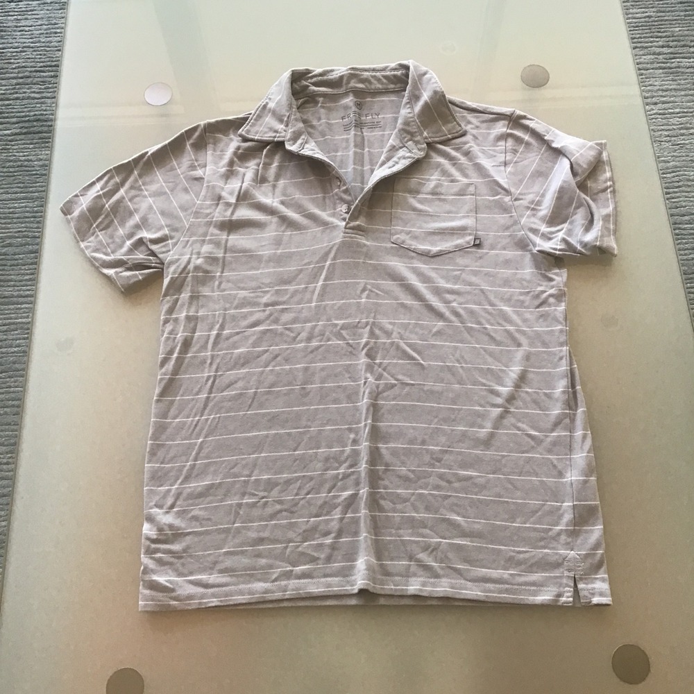 Free Fly Mens Bamboo Performance Polo Shirt Grey White Striped Short Sleeve M